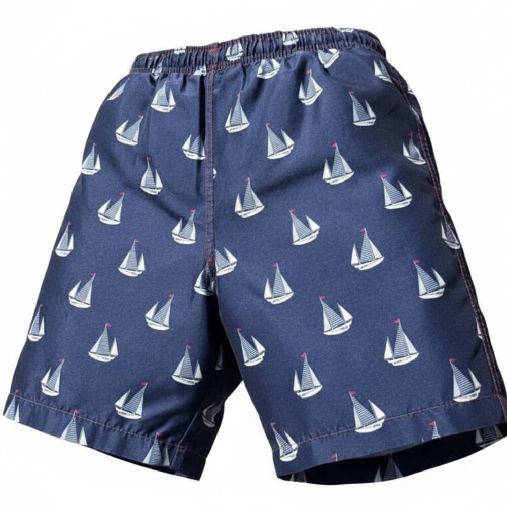 Lily & Dan Boys Swim Trunks 6-7 Sailboat Nautical Mesh Lined Blue Beach Shorts